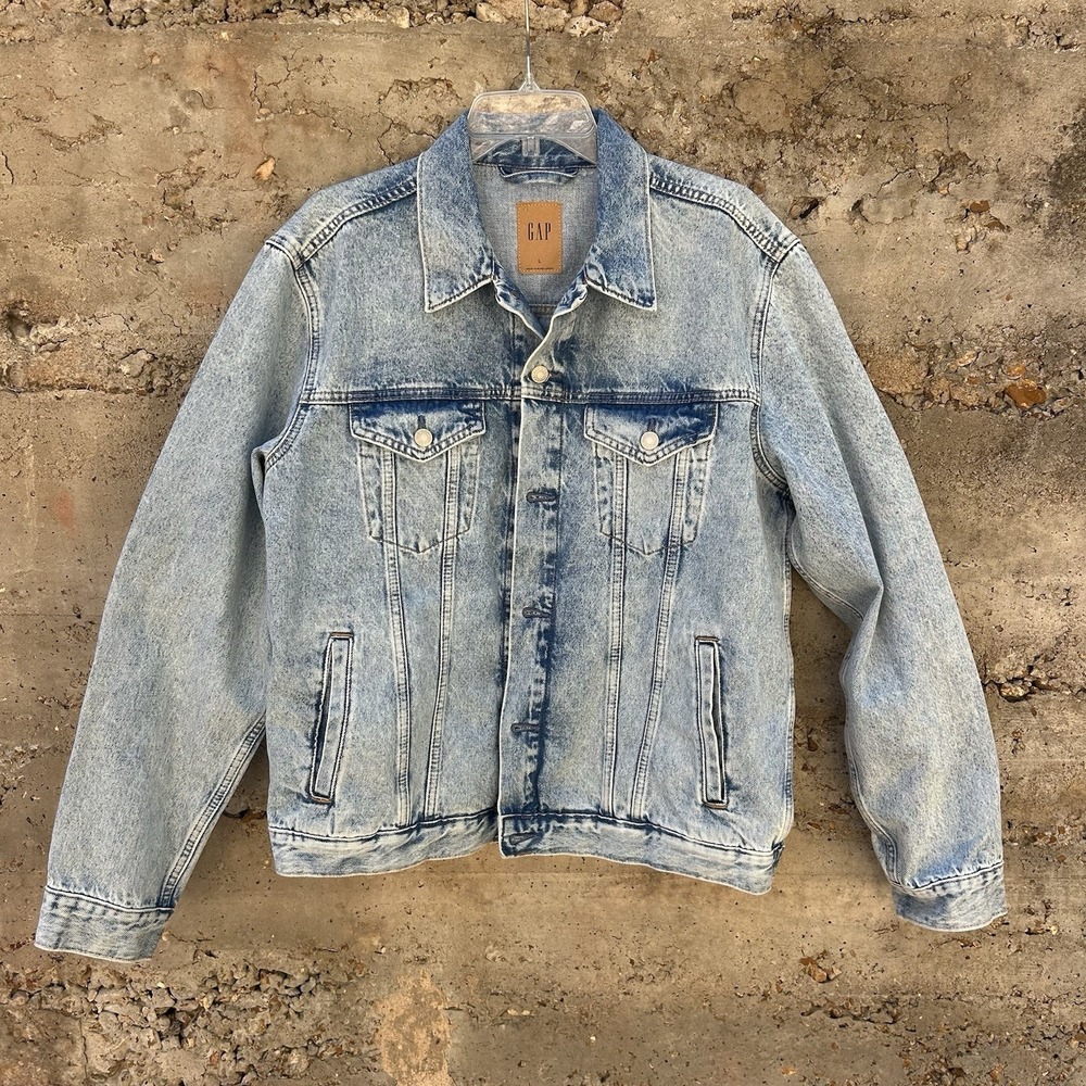 GAP Denim Trucker Jacket Mens Large Stone Wash Light 100% Cotton Classic